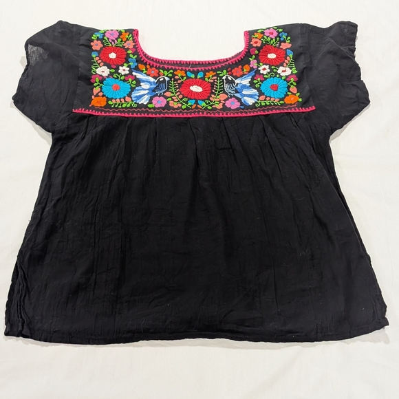 Handmade Tops - Black Mexican Embroidered Peasant Top Women’s Medium Floral Boho Cotton
